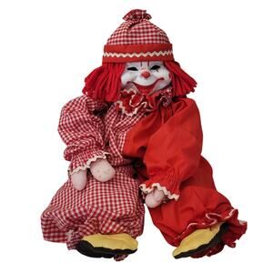 Vintage Creepy Clown Doll 24" Plastic Face Red Check Outfit Halloween Prop Toy